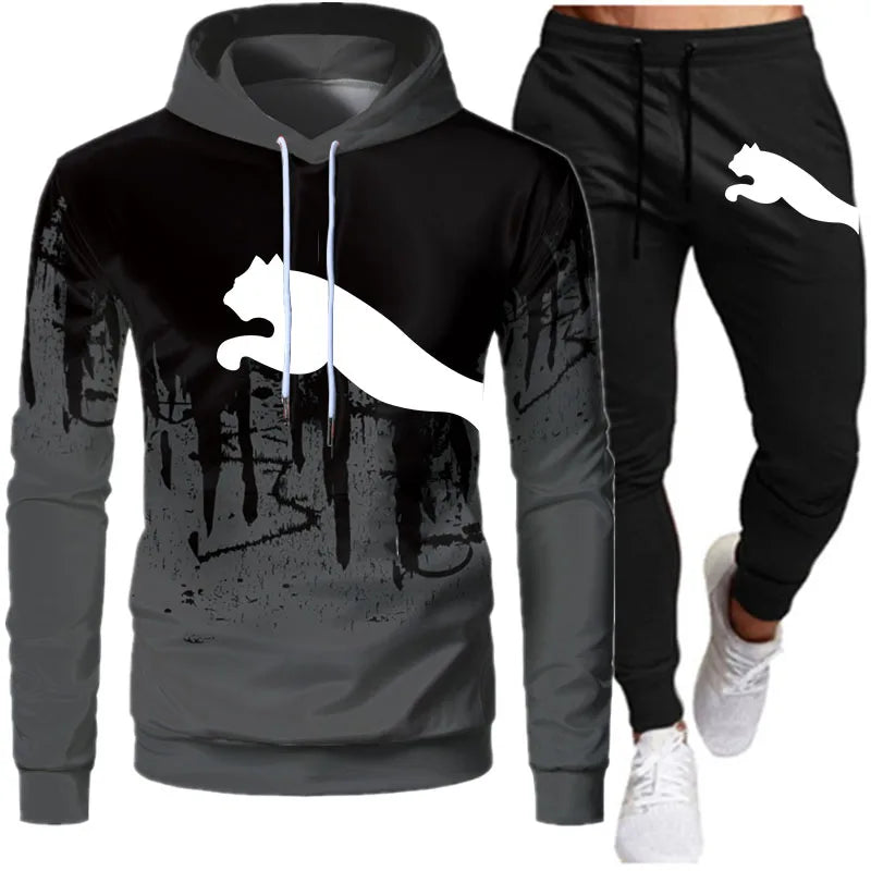 Fashion Print Tracksuit for Man Zipper Hooded Sweatshirt and Sweatpants Two Pieces Suits Male Casual Fitness Jogging Sports Sets