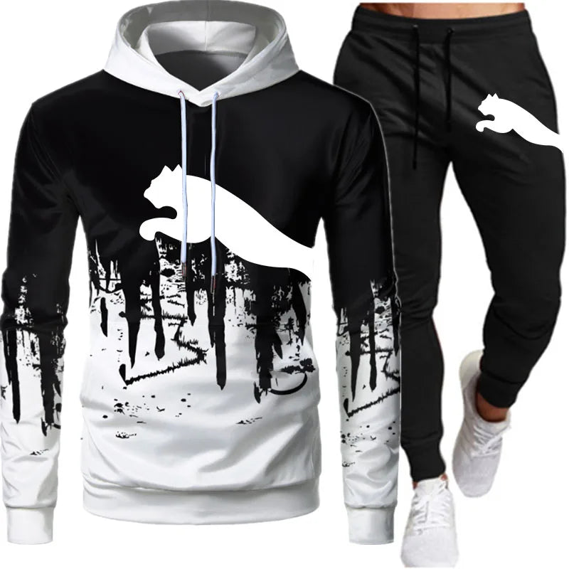 Fashion Print Tracksuit for Man Zipper Hooded Sweatshirt and Sweatpants Two Pieces Suits Male Casual Fitness Jogging Sports Sets